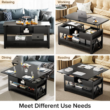 Memobarco 40" Lift Top Coffee Table,4 in 1 Multi-Function Lift Coffee Tables with Storage Drawers and Hidden Compartmen,Farmhouse Coffee Table with Lifting top for Living Room,Black - WoodArtSupply