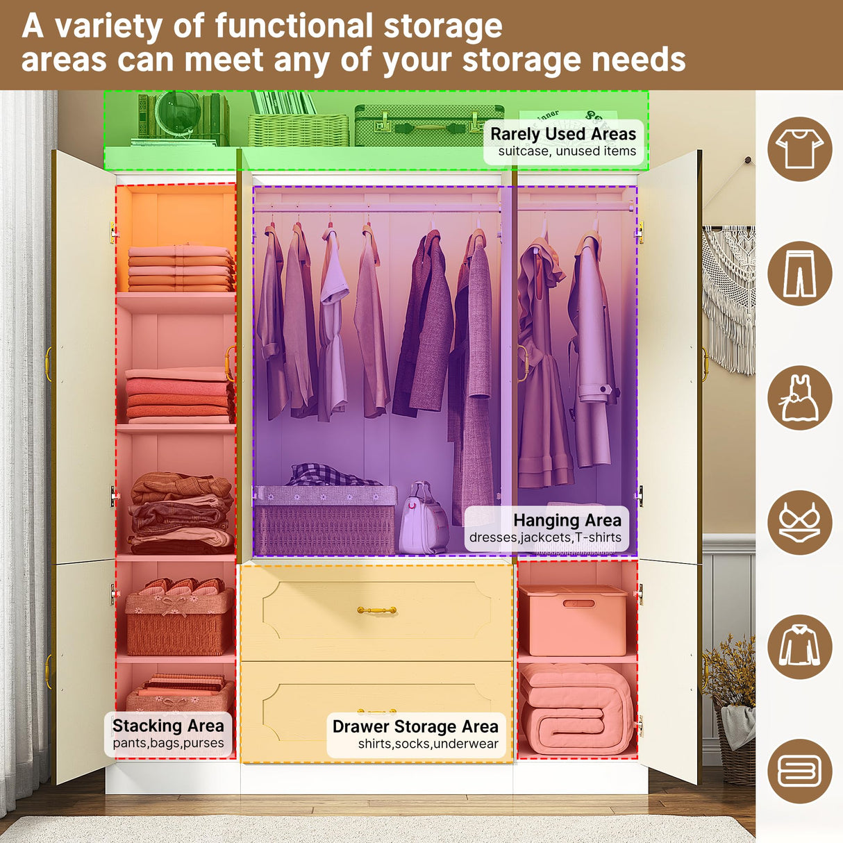 75" Tall 4 Doors Armoire Wardrobe Closet with Mirror and LED Light,Modern Freestanding White Wardrobe Armoire for Bedroom with Drawers,Modern Clothing Storage Cabinet for Bedroom(White) jiteentarou