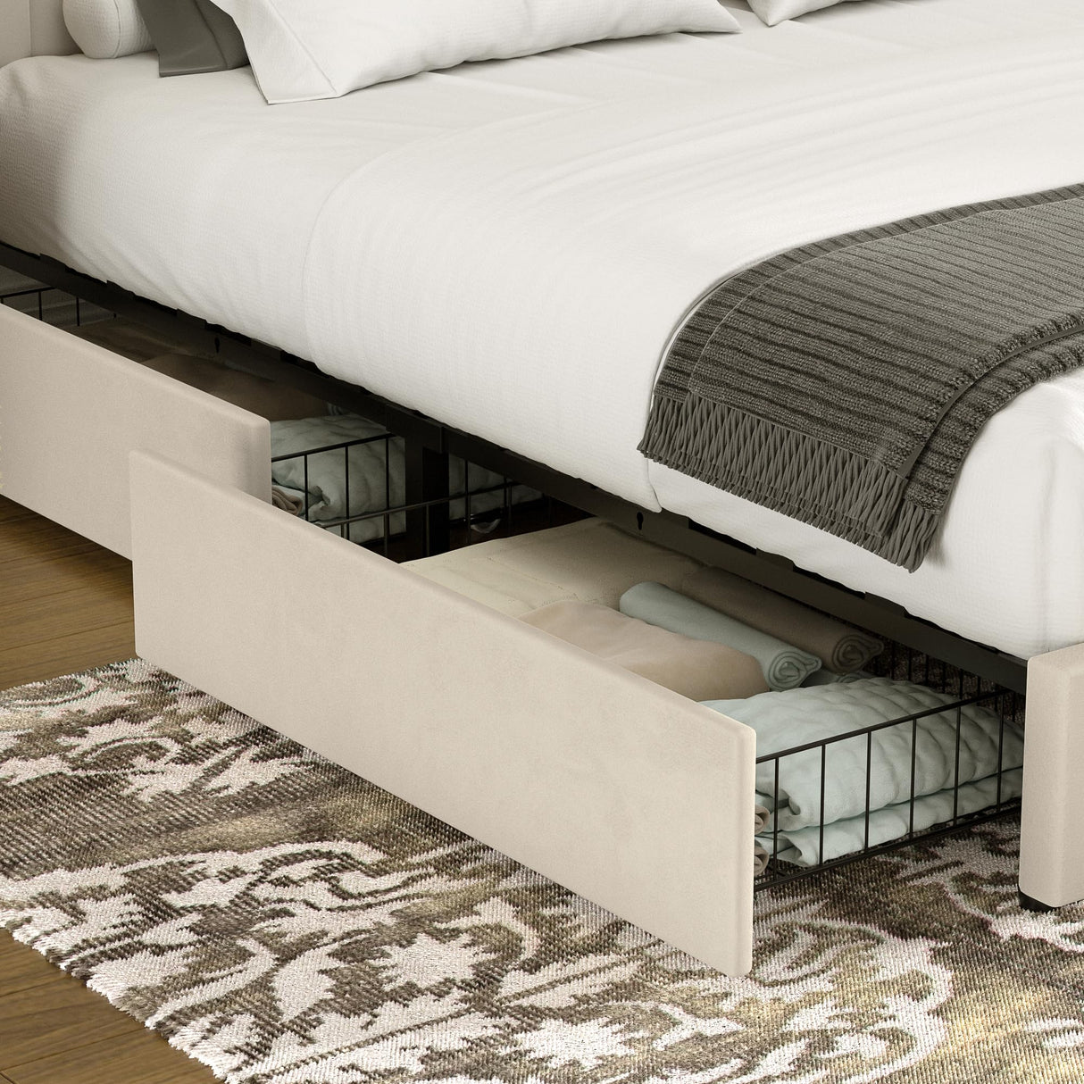 VECELO Queen Size Upholstered Bed Frame with 4 Drawers and Headboard, Velvet Platform Storage Bedframe, Wooden Slats Support, No Box Spring Needed, Beige VECELO