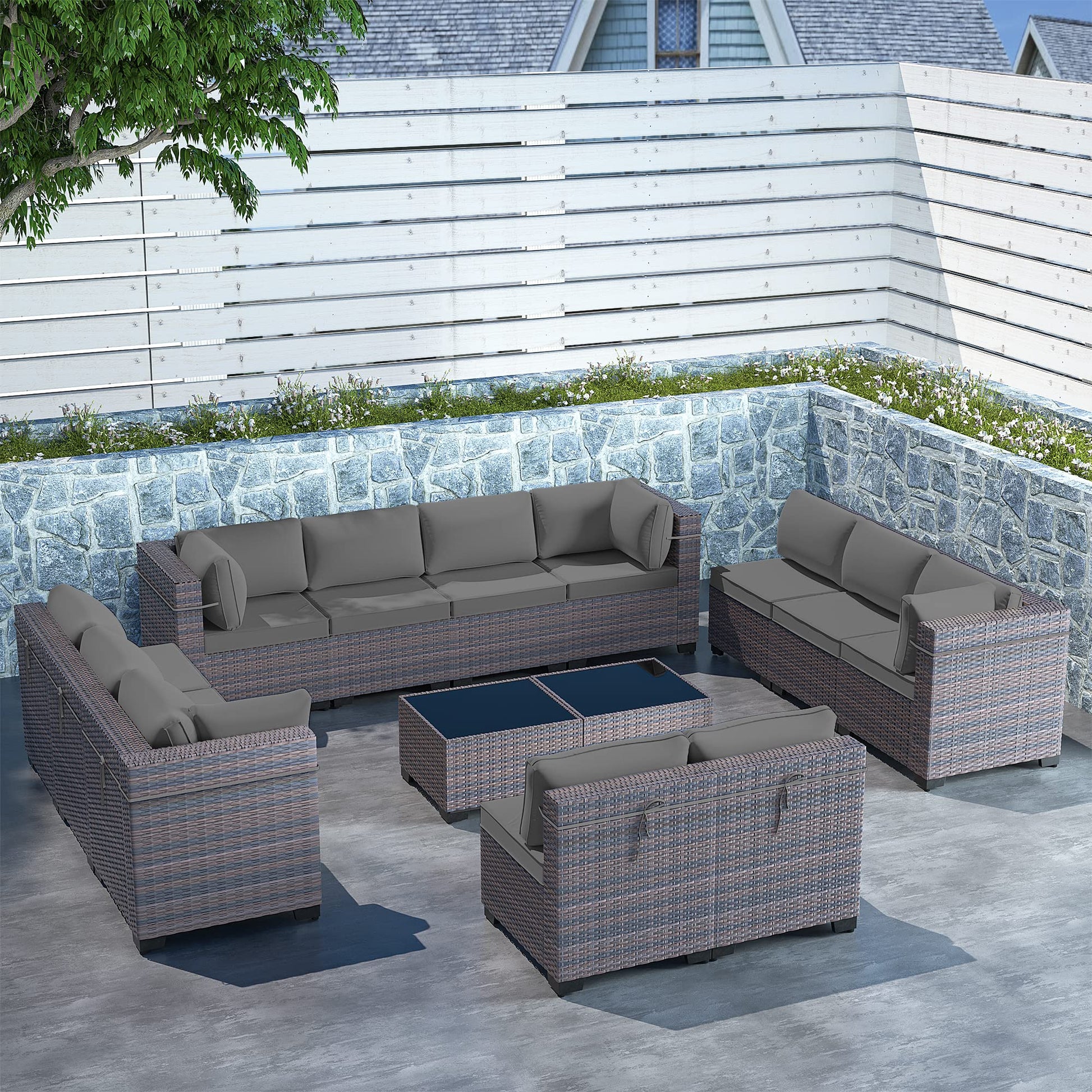 Gotland 14 Pieces Patio Furniture Set Outdoor Sectional Wicker Furniture All-Weather PE Rattan Patio Conversation Sets w/12 Replaceable Grey Waterproof Cushions and 2 Coffee Table - WoodArtSupply