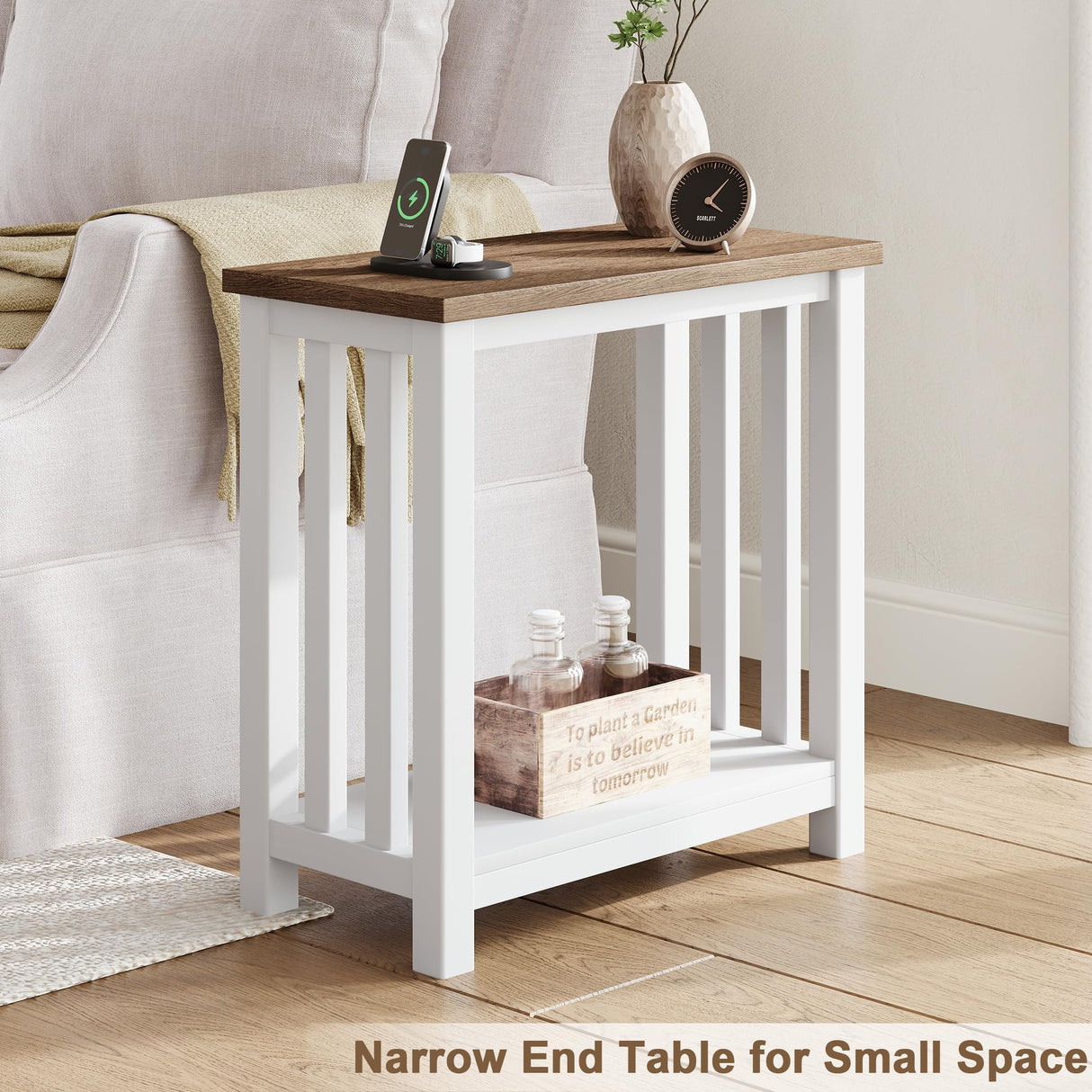 ChooChoo Farmhouse End Tables Set of 2, Narrow Side Tables for Small Spaces, Night Stands with Storage Shelf for Living Room and Bedroom, White and Brown ChooChoo