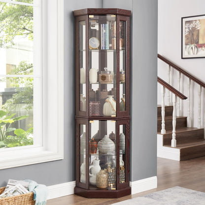 XUWANSHANG Corner Curio Cabinets,Lighted 3-Side Glass Display Curio Cabinet, Curved Wood Corner Cabinet,Curio Cabinets with Glass Doors,Adjustable Shelves,Curio Cabinet for Living Room,Dark Cherry