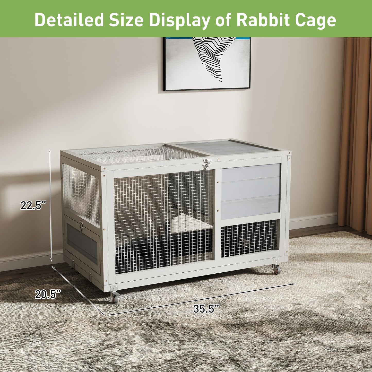 Wooden 36Inches Rabbit Hutch Indoor with Wheels Bunny Cage Outdoor Durable Wide Space Rabbit Cage with Tray, Openable Roof, Anti-Slip Ramp for Small Bunny Rabbit (Grey)