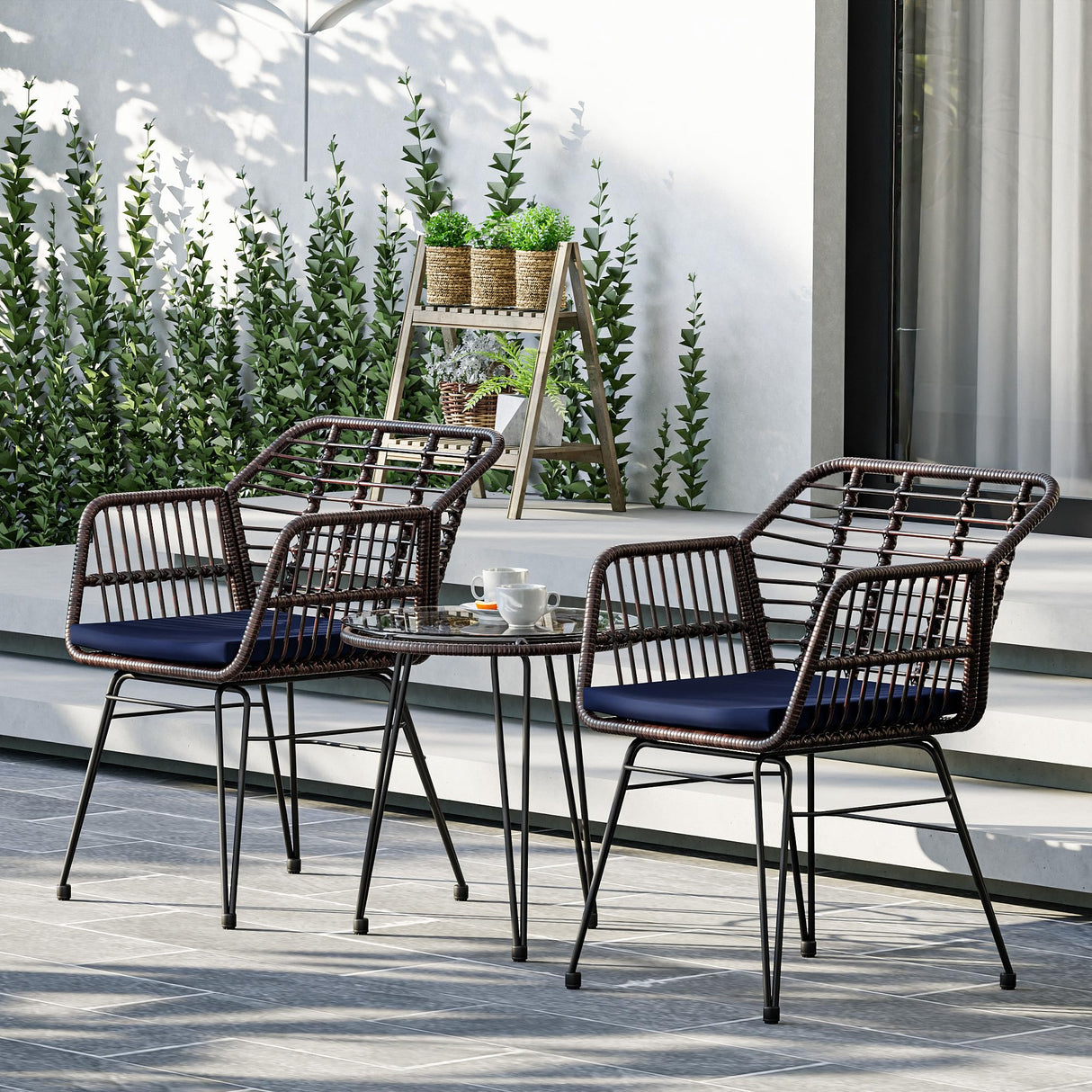 MaxMulti 3 Piece Wicker Patio Bistro Set, Outdoor Conversation Sets with 2 Rattan Patio Chairs and 1 Side Table, Rattan Patio Furniture for Balcony, Deck, Apartment Use (Blue) MaxMulti