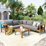 Merax 4 Pieces Patio Furniture Set, Outdoor L-Shaped Sectional Sofa Set with Coffee Table, Acacia Wood Conversation Seating & Thick Cushions and Side Table, for Garden, Poolside and Backyard, Gray Merax
