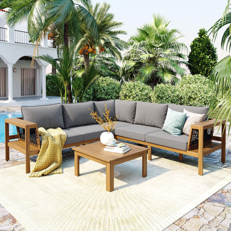 Merax 4 Pieces Patio Furniture Set, Outdoor L-Shaped Sectional Sofa Set with Coffee Table, Acacia Wood Conversation Seating & Thick Cushions and Side Table, for Garden, Poolside and Backyard, Gray Merax
