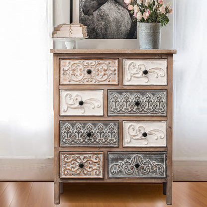 LuxenHome Rustic Carved Wood 8-Drawer Chest, Accent Handmade-Dressers, Distressed End Table with Metal Handle, Nightstand for Living Room, Bedroom, Hallway, 26 inch, White/Gray - WoodArtSupply