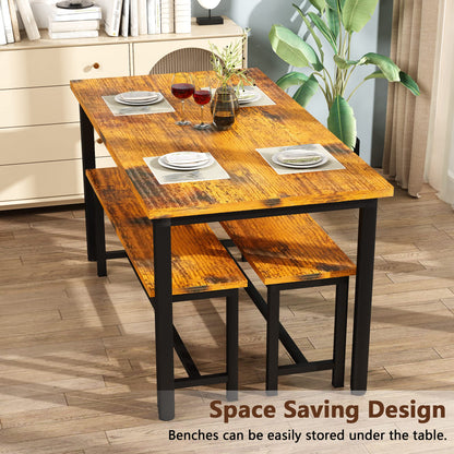 Lamerge Kitchen Table Set with 2 Benches 4 Person Dining Room Table Set for Home Kitchen, Dining Room, Restaurant, Space Saving, Rustic Brown, 43.3''L x23.6''W x28.5''H (43F) - WoodArtSupply