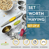 Spring Chef Magnetic Measuring Spoons Set with Strong N45 Magnets, Heavy Duty Stainless Steel Metal, Fits in Most Kitchen Spice Jars for Baking & Cooking, BPA Free, Multicolor, Set of 8 with Leveler Spring Chef