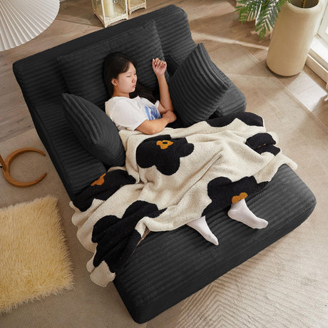 50" Boneless Couch, Oversized Chaise Lounge Sofa, Corduroy Chaise Lounge Chair Indoor with Comfy Pillows for Living Room Bedroom, Foam Filling, No Assembly (Black) Nahenduo