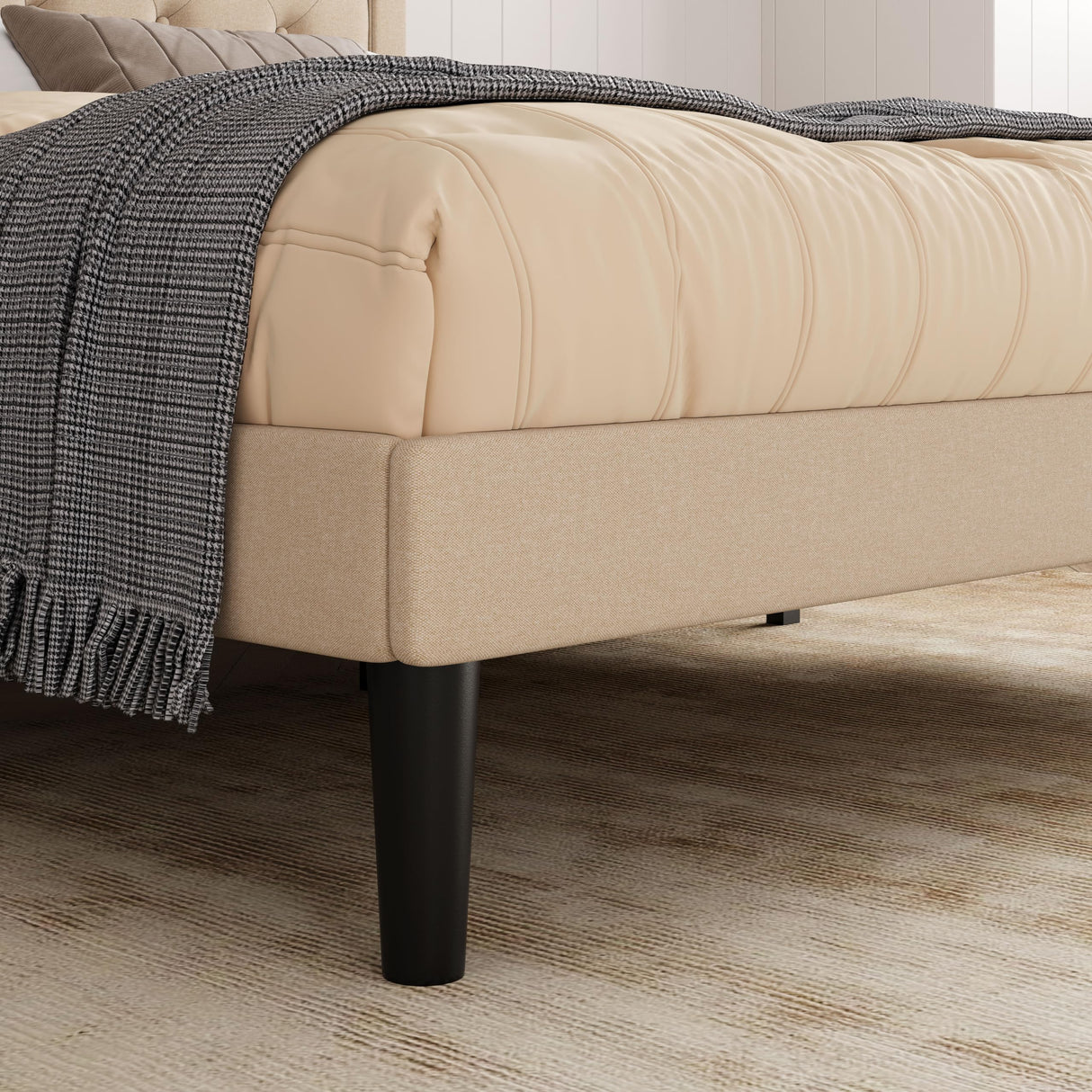 Allewie King Size Fabric Upholstered Bed Frame with Diamond Button Tufted/Adjustable Headboard/Wood Slat Support/Mattress Foundation/Beige Allewie