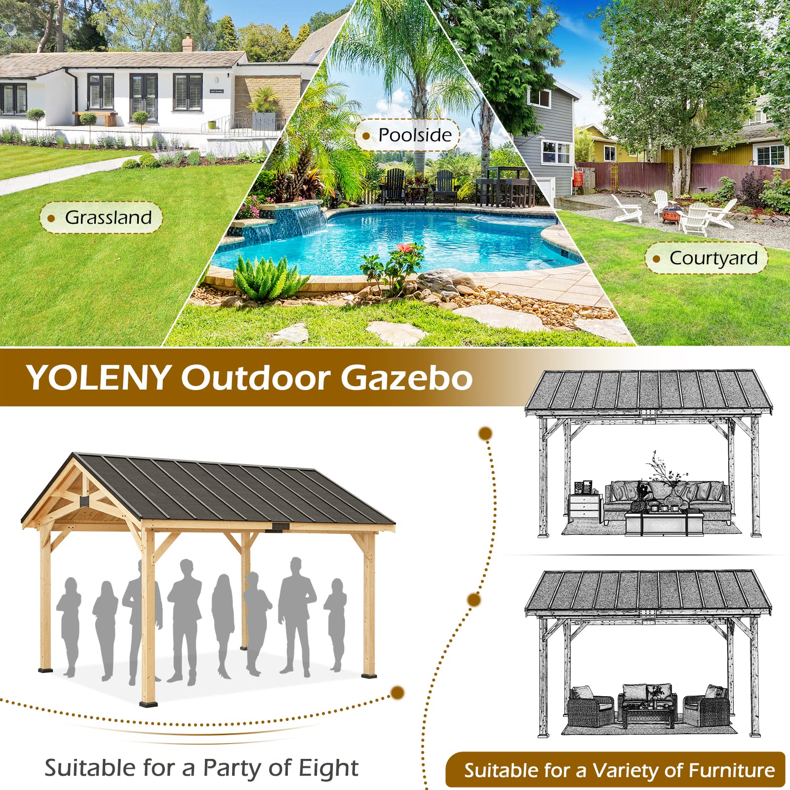 YOLENY Wood Gazebo, 12' x 15' Gazebo Hardtop Gazebo, Spruce Wood Solid Wood Gazebo, Waterproof Asphalt Roof, for Lawns, Beach, Patio, Garden, Yard, Easy Assembly - WoodArtSupply