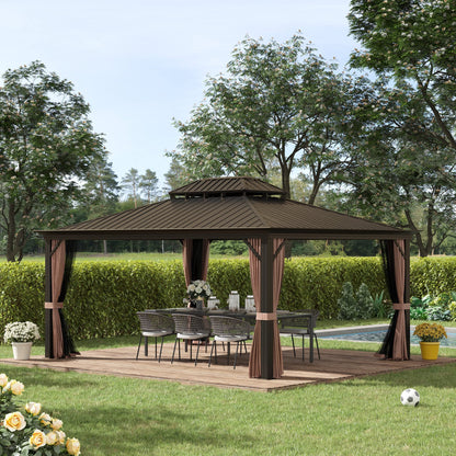 Outsunny 12' x 16' Hardtop Gazebo with Curtains and Netting, Permanent Pavilion Metal Double Roof Gazebo Canopy with Aluminum Frame and Hooks, for Garden, Patio, Backyard, Brown - WoodArtSupply