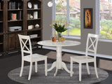 East West Furniture DLBO3-WHI-W 3 Piece Dining Room Table Set Contains a Round Kitchen Table with Dropleaf and 2 Dining Chairs, 42x42 Inch, Linen White East West Furniture