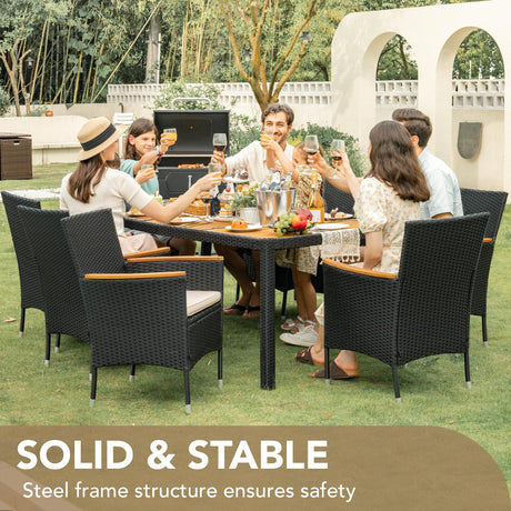 Devoko Outdoor Patio Dining Sets 9 Pieces Wicker Outdoor Dining Table and Chairs Set with Acacia Wood Table Top and Widened Armrests for Backyard, Garden, Deck (Black) Devoko