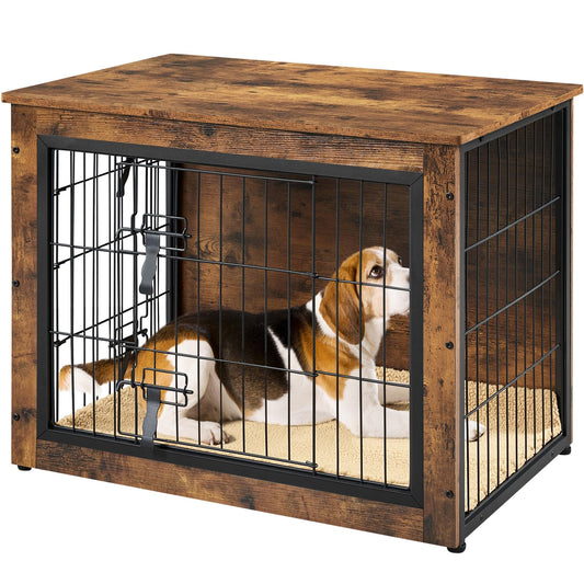 Yaheetech 32'' Dog Crate Furniture with Cushion Wooden Dog Crate with Double Doors/Adjustable Feet Side End Table for Small/Medium Dogs - WoodArtSupply