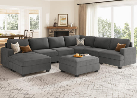 Nolany Sectional Couch with Storage Ottoman, Corduroy Modular Sectional Sofa, U Shape Sectional Couches for Living Room, Dark Grey Nolany
