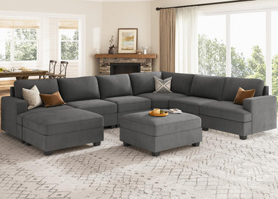 Nolany Sectional Couch with Storage Ottoman, Corduroy Modular Sectional Sofa, U Shape Sectional Couches for Living Room, Dark Grey