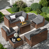Amopatio 8-Piece Outdoor Patio Furniture Set with 44" Fire Pit Table, Modern Rattan Sectional Couch with Tempered Glass Coffee Table, Thickened Cushions and Include Waterproof Cover (Dark Grey) Amopatio