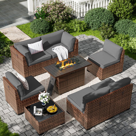 Amopatio 8-Piece Outdoor Patio Furniture Set with 44" Fire Pit Table, Modern Rattan Sectional Couch with Tempered Glass Coffee Table, Thickened Cushions and Include Waterproof Cover (Dark Grey) Amopatio