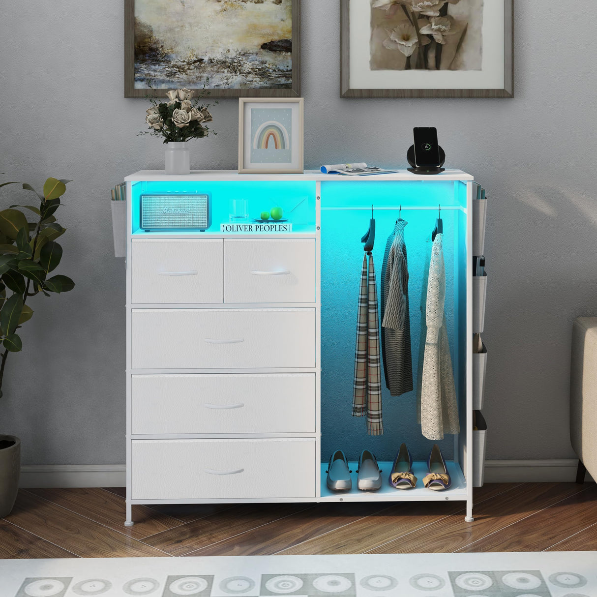 Espelism Dresser for Bedroom with Clothes Rack & Side Pockets White 5 Drawers Dresser with Charging Station & LED Lights Sturdy Steel Frame Wood Top Organizer Unit for Nursery Hallway Closet Espelism