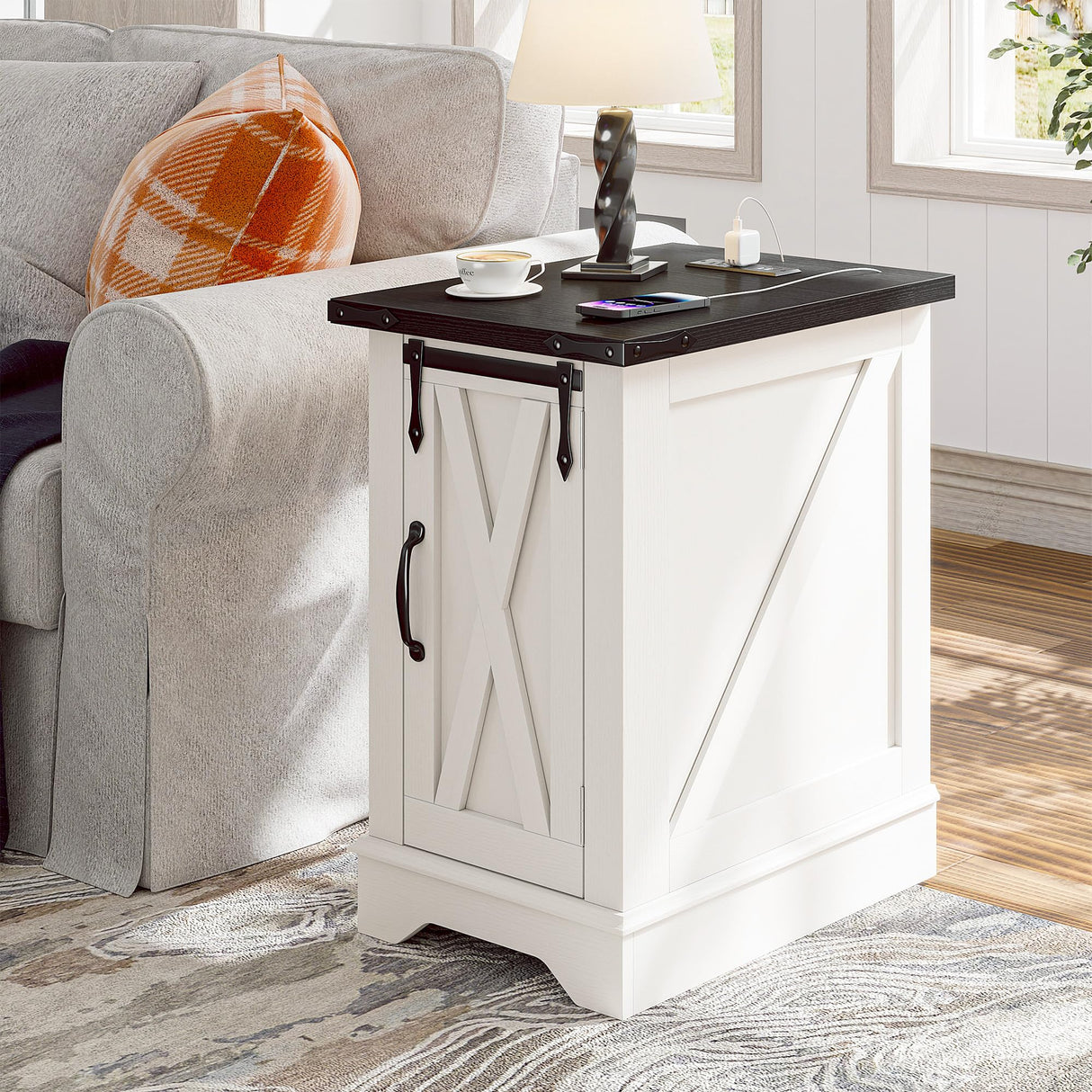 EnHomee End Tables with Charging Station,25" Farmhouse Wood Nightstand with Barn Door,Large Sofa Side Table with Adjustable Storage Shelf for Bedroom,Drawing Room,Hallway,Antique White EnHomee