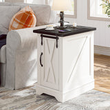 EnHomee End Tables with Charging Station,25" Farmhouse Wood Nightstand with Barn Door,Large Sofa Side Table with Adjustable Storage Shelf for Bedroom,Drawing Room,Hallway,Antique White EnHomee