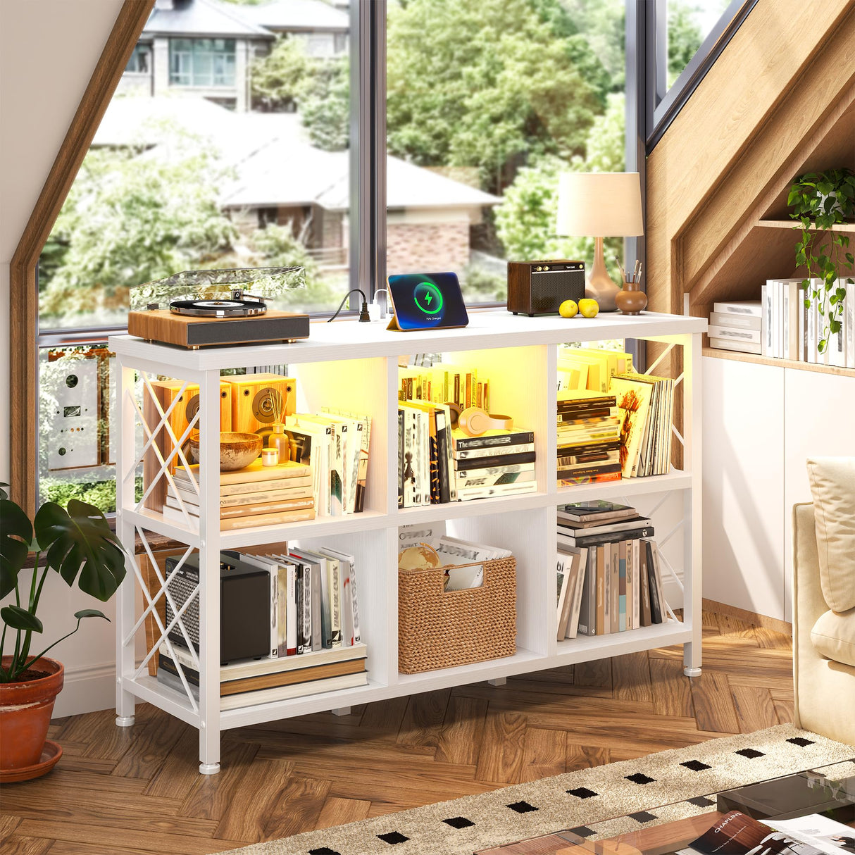 DurayLoly 6 Cube Storage Organizer with LED Light and Charging Station, Wood and Metal Cube Shelf, White Horizontal Book Shelf for Bedroom, Home Office DurayLoly