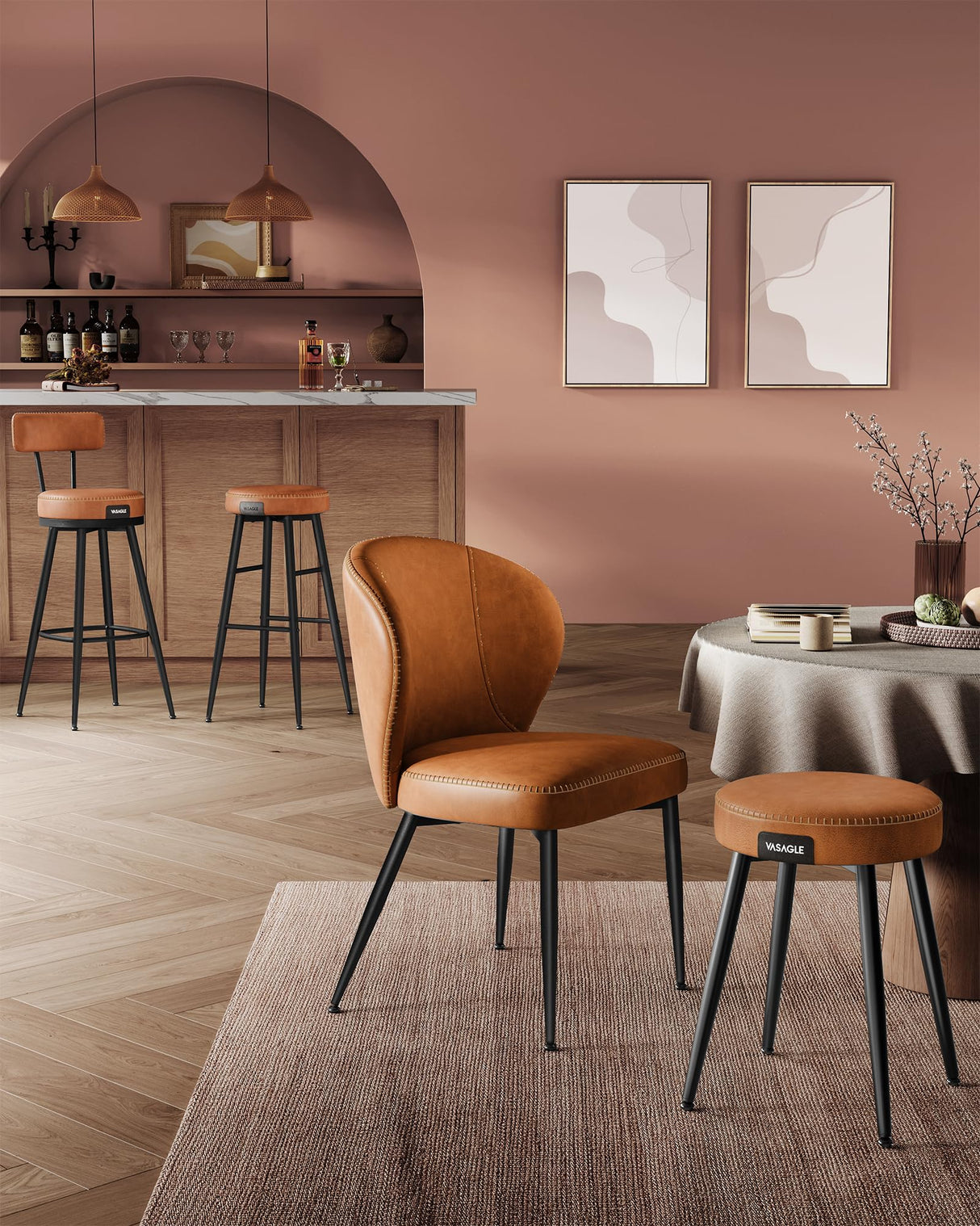 VASAGLE EKHO Collection - Bar Stools Set of 2, Bar Height Bar Stools, Kitchen Counter Stools, Mid-Century Modern Backless Counter Stools, 30-Inch Tall, Kitchen Island Home Bar, Caramel Brown VASAGLE
