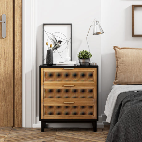 COZAYH Farmhouse 3-Drawer Nightstand, Set of 2 Woven Cane Front Accent Dresser with Brass Pull, Fully-Assembled, Black COZAYH