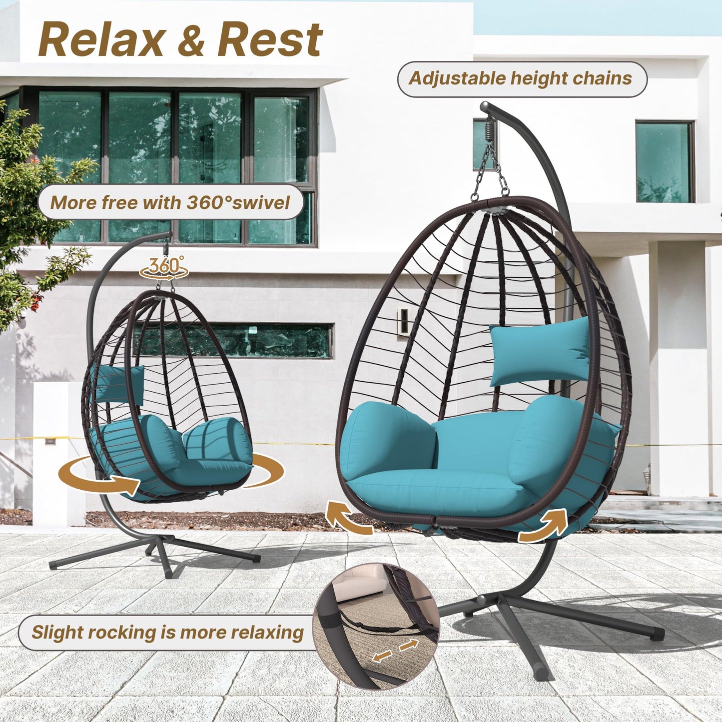 Piltwoff Hanging Egg Chair with Stand, Indoor Outdoor Wicker Rattan Egg Swing Chair with Cushion Headrest, Hammock Chair 350lbs Capacity for Bedroom Patio Porch Garden Balcony(Blue)