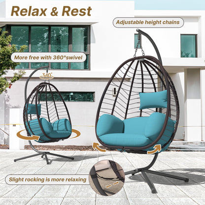 Piltwoff Hanging Egg Chair with Stand, Indoor Outdoor Wicker Rattan Egg Swing Chair with Cushion Headrest, Hammock Chair 350lbs Capacity for Bedroom Patio Porch Garden Balcony(Blue)