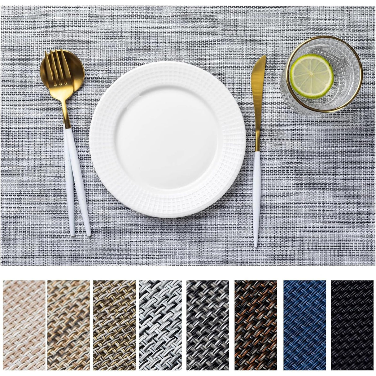 LEXMORE Placemats Set of 4 Vinyl/Plastic Woven Place Mats for Kitchen Table Indoor/Outdoor Washable Placemat Wipeable Dining Table Mats(Gray) LEXMORE