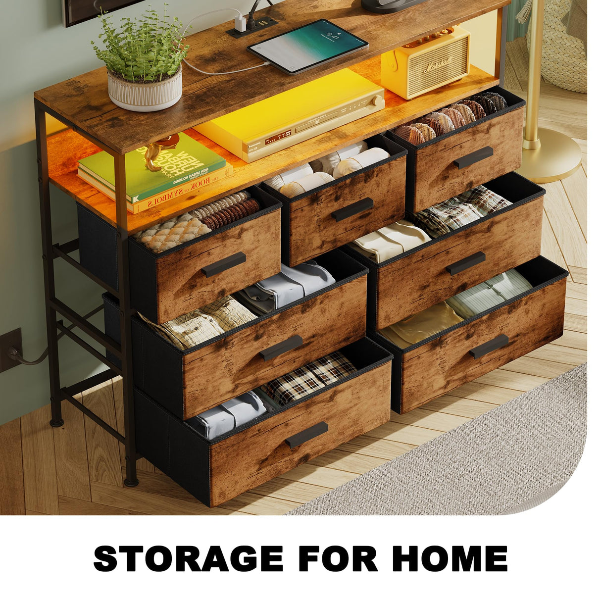 NASHZEN Dresser TV Stand with 7 Drawers, Dresser TV Stand with LED Lights & Power Outlets, Bedroom Dresser, Chest of Drawers up to 45'' Long TV, Wide Fabric Dresser with Open Shelf (Rustic Brown) NASHZEN