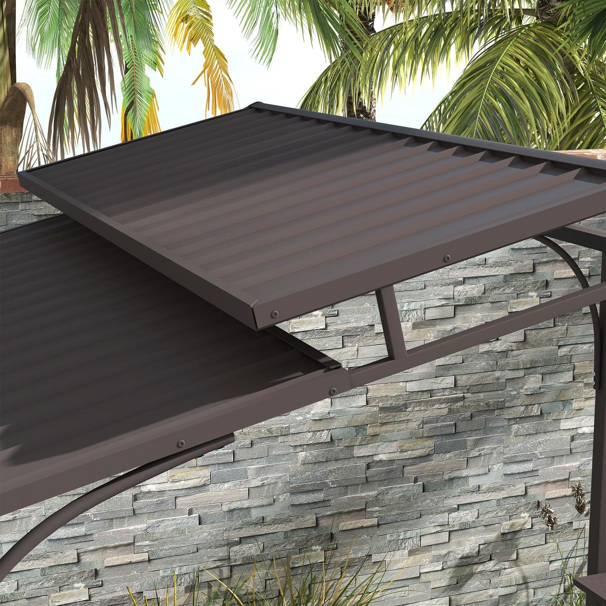 Outsunny 8'x5' BBQ Grill Gazebo with 2 Side Shelves, Outdoor Double Tiered Interlaced Polycarbonate Roof with Steel Frame, Brown Outsunny