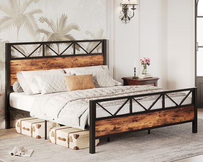 LIKIMIO King Bed Frame, Tall Industrial Headboard 51.2", Platform Bed Frame King with Strong Metal Support, Solid and Stable, Noise Free, No Box Spring Needed, Easy Assembly