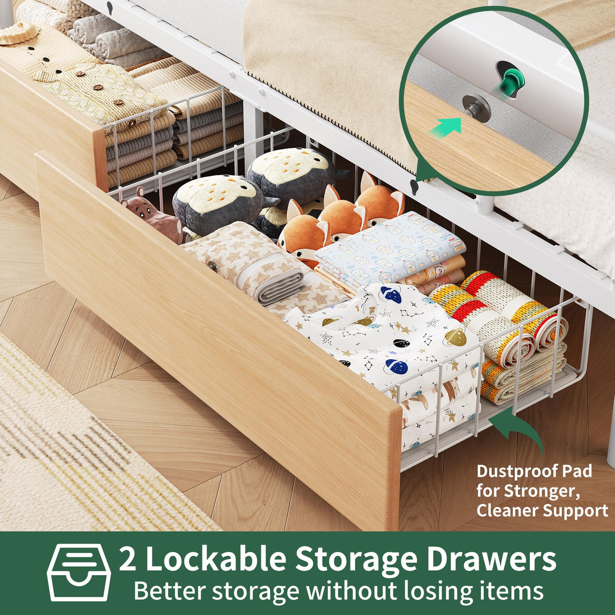 Jocoevol Metal LED Bunk Bed Twin Over Twin with 2 Storage Drawers, USB Charging Station, Industrial Bunkbeds Heavy Duty Bed with Safety Guardrail and Ladder, No Box Spring Needed, White Jocoevol