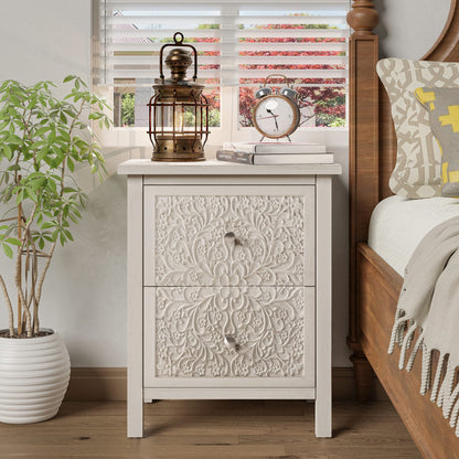 COZAYH Farmhouse Fully-Assembled Nightstand with 2-Drawer, Flower Motif End Table for Small Spaces, French Country, Modern, Distressed Finish, White-Washed