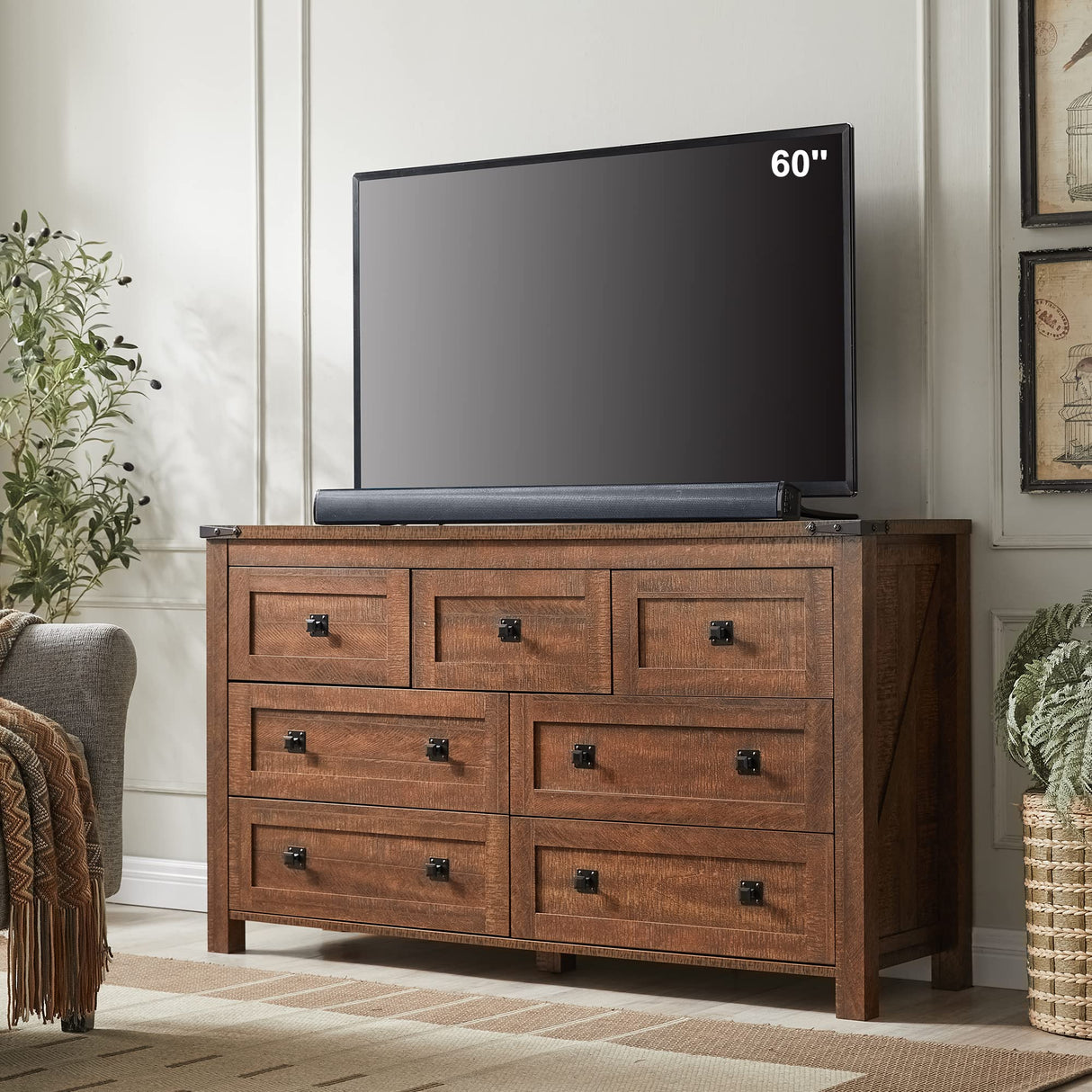 T4TREAM Farmhouse 7 Drawers Dresser for Bedroom, Wood Rustic Dresser Tv Stand, Storage Dressers Organizer for Bedroom, Living Room,Hallway, Reclaimed Barnwood T4TREAM