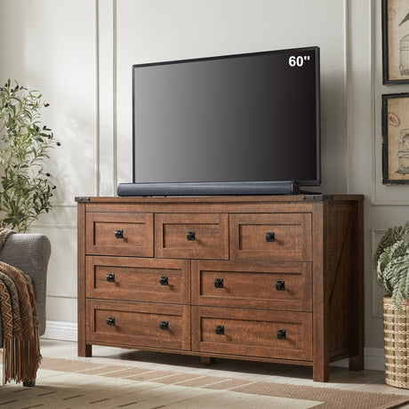 T4TREAM Farmhouse 7 Drawers Dresser for Bedroom, Wood Rustic Dresser Tv Stand, Storage Dressers Organizer for Bedroom, Living Room,Hallway, Reclaimed Barnwood T4TREAM