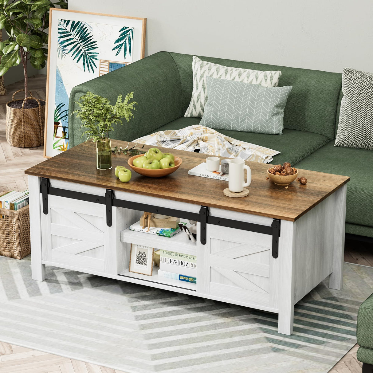 YESHOMY Coffee Table with Sliding Barn Doors & Storage, Wooden Center Rectangular Cabinet with Adjustable Shelves, for Livingroom, Bedroom, Home Office, White YESHOMY