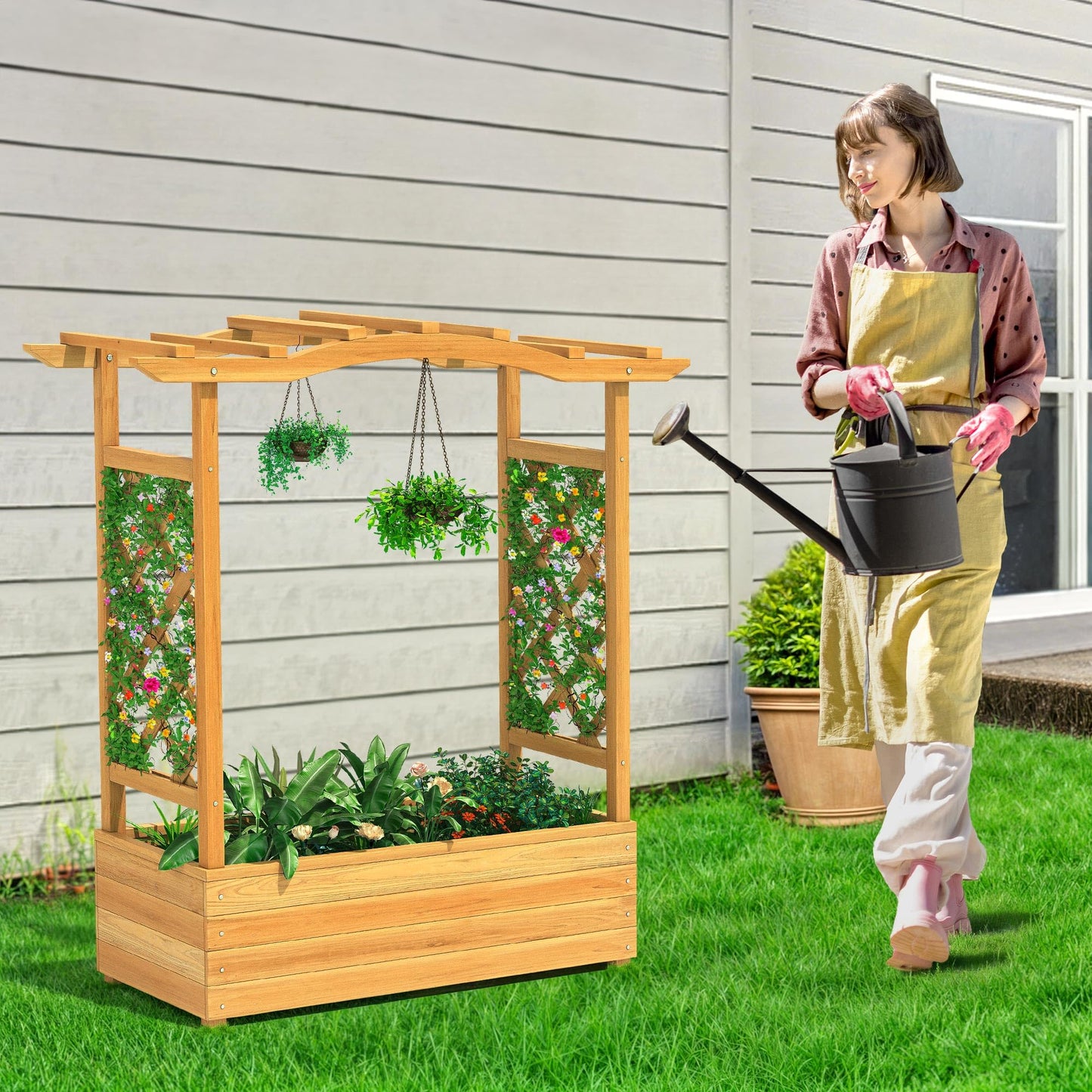 YITAHOME Raised Garden Bed with Trellis and Hanging Roof, 43.3" L x 13.9" W x 44.4" H Wood Free-Standing Trellis Planter Box for Climbing Plants Flowers in Garden, Patio, Backyard, Balcony, N - WoodArtSupply