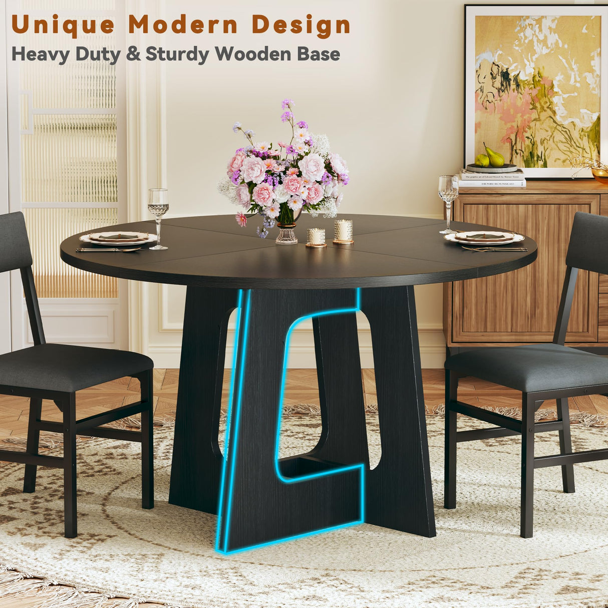 HUAHUU Round Dining Table Set for 6, 7-Piece Kitchen Table and Chairs for 6, 47'' Round Dining Room Table Set with 6 Chairs, Space Saving Dining Table with Wood Base for Kitchen, Living Room, Black HUAHUU