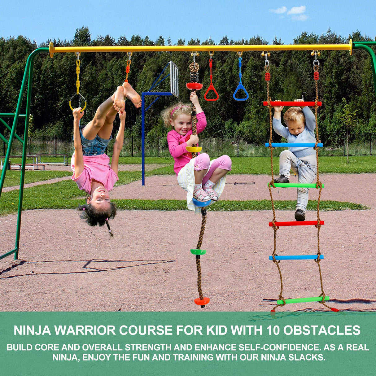 Kawuneeche Ninja Warrior Obstacle Course Kit for Kids Ninja Slackline with 10 Accessories Monkey Bars, Ladder, Climbing Rope, Gym Rings, Swing, Monkey Fist for Backyard Training Equipment Kawuneeche