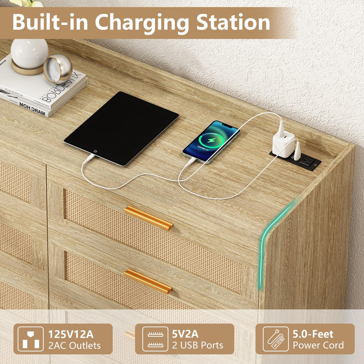 FUSOU 6 Drawer Dresser for Bedroom, Rattan Modern Dresser with Power Outlet, Wide Desktop Chest of Drawers Anti-tip, Oak Wood Storage Closet Dressers for TV, Living Room, Hallway, Entryway, Oak FUSOU