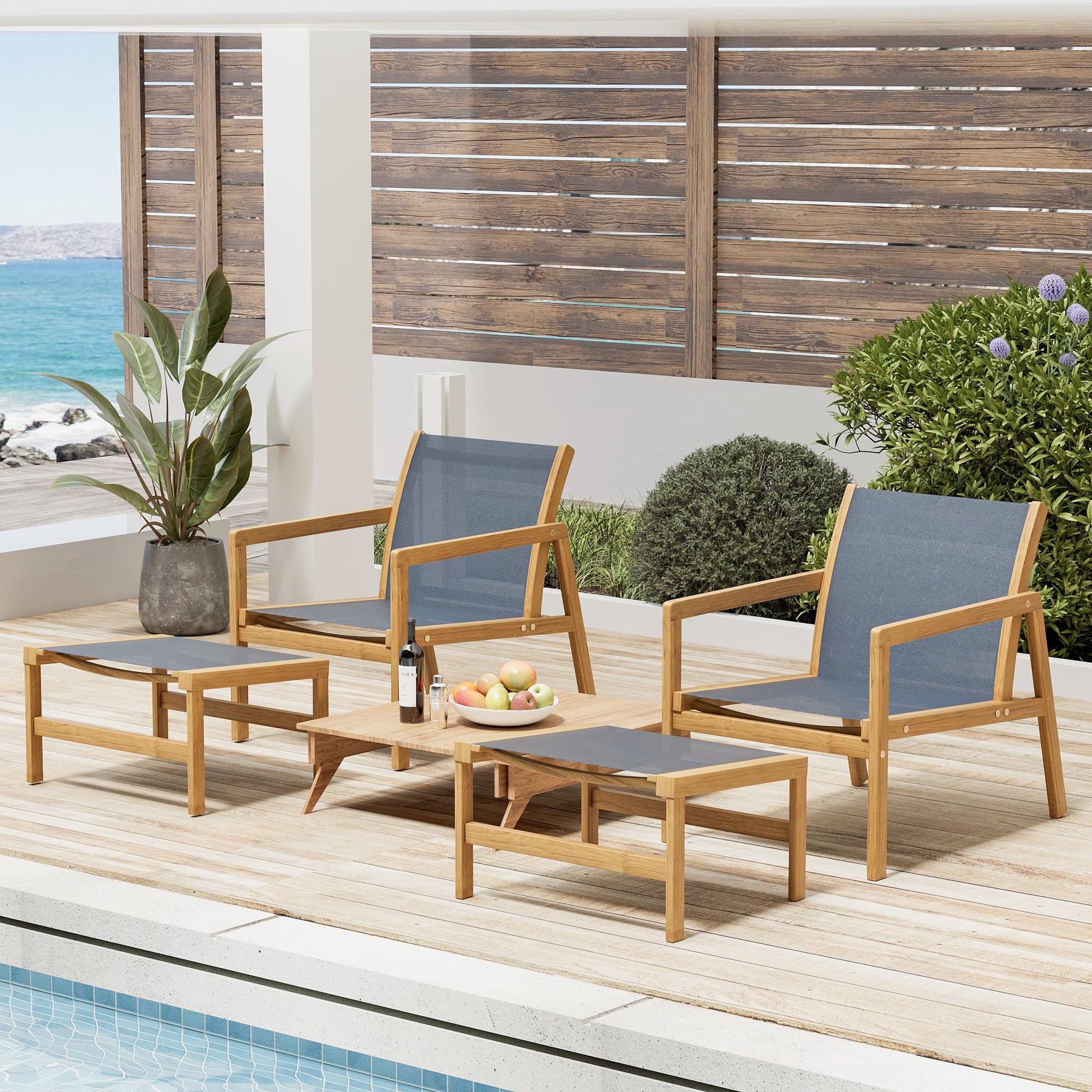 Devoko Patio Furniture Set 4 Piece Outdoor Conversation Set Acacia Wood and Textile Chairs with Footstool for Patio, Lawn, Garden, Poolside - WoodArtSupply