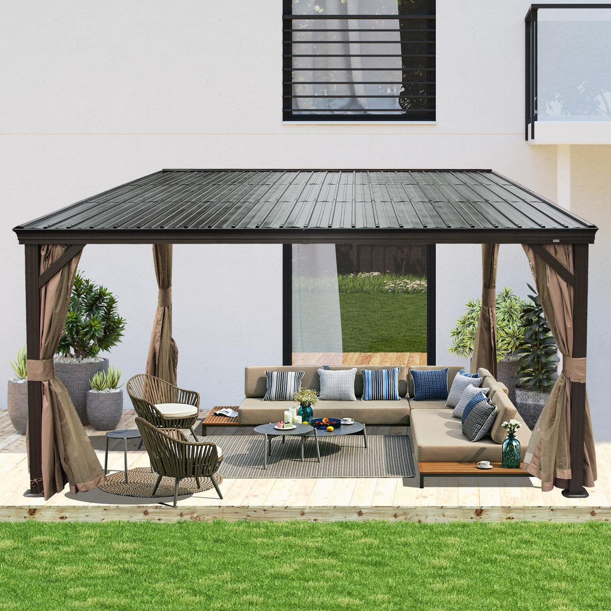SHPAI 10’ x 12’ Lean to Gazebo, Outdoor Wall Mounted Gazebo Aluminum Frame, Hardtop Pergola with Galvanized Steel Sloping Roof for Patio Deck Garden Backyard, Curtain and Netting Included SHPAI