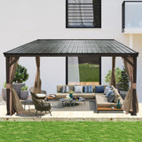 SHPAI 10’ x 12’ Lean to Gazebo, Outdoor Wall Mounted Gazebo Aluminum Frame, Hardtop Pergola with Galvanized Steel Sloping Roof for Patio Deck Garden Backyard, Curtain and Netting Included SHPAI