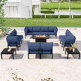 RTDTD 15 Piece Patio Furniture Set with 45" Propane Gas Fire Pit Table Metal Outdoor Patio Conversation Sectional Sofa Set with Coffee Table for Patio, Backyard, Deck(Navy) RTDTD