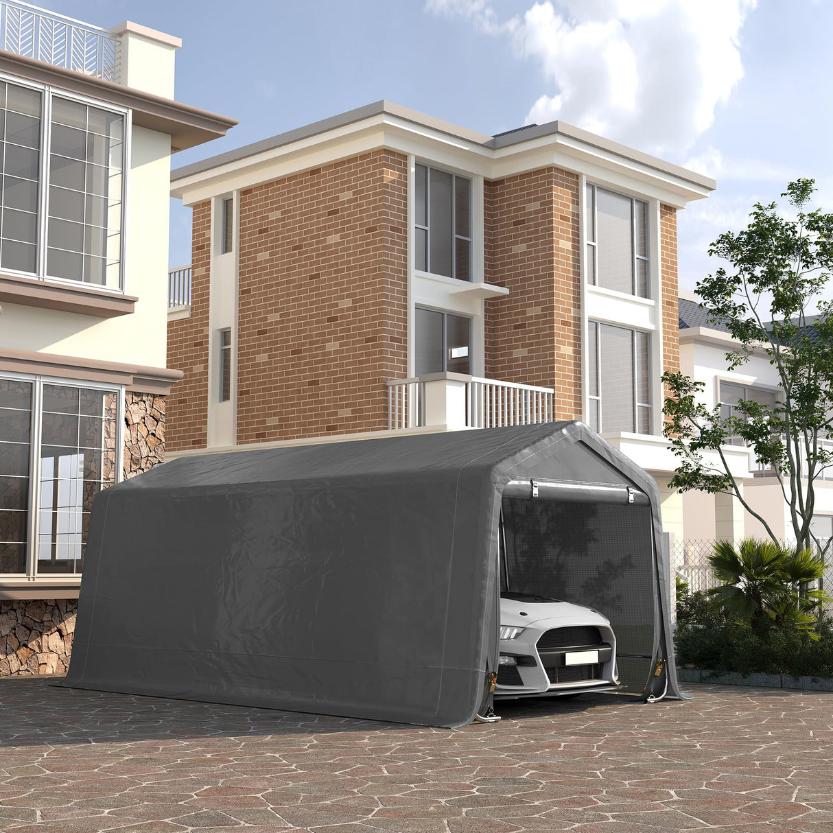 Outsunny 10' x 20' Carport Portable Garage, Heavy Duty Storage Tent, Patio Storage Shelter w/Anti-UV PE Cover and Double Zipper Doors, for Motorcycle Bike Garden Tools, Gray Outsunny